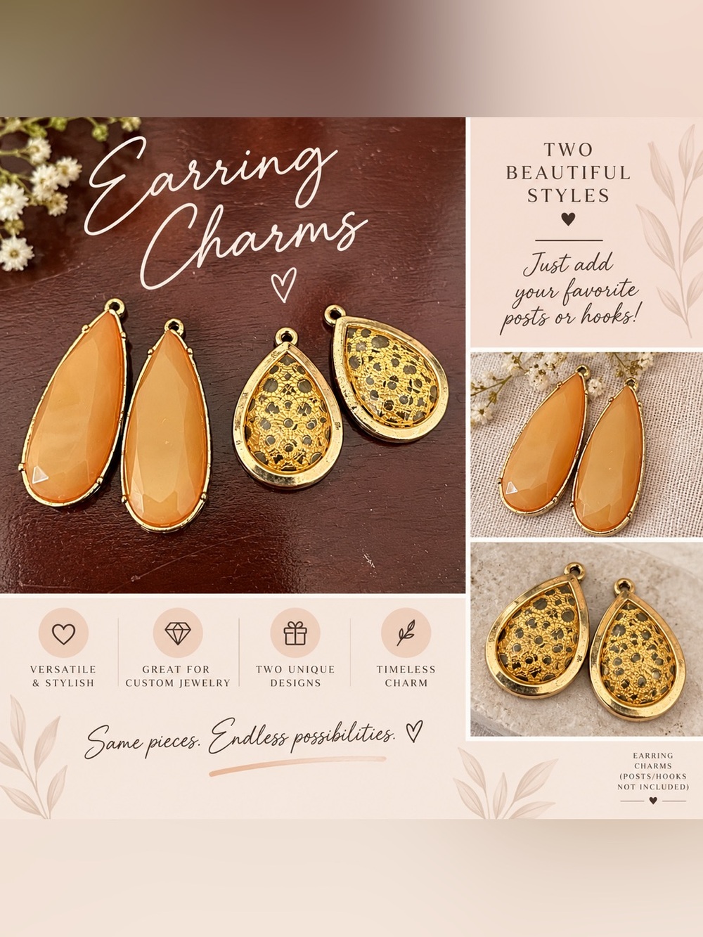 Gold Teardrop Earring Charms in Peach - Versatile Women’s Jewelry